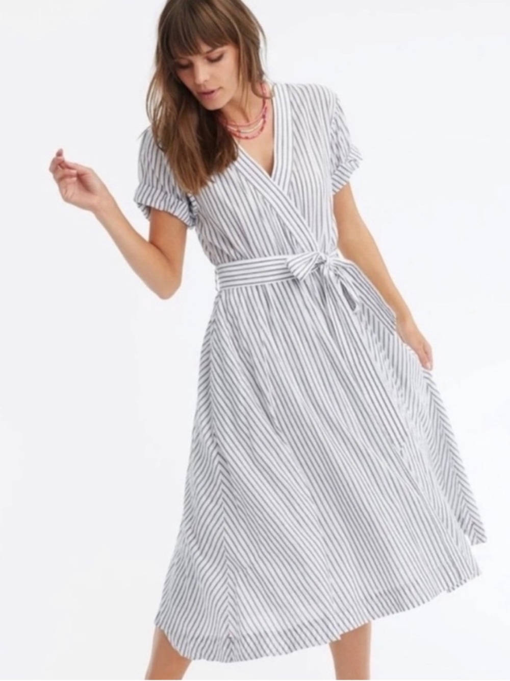XIRENA winn striped midi faux wrap shirt dress coastal classic feminine size XS